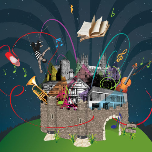 Canterbury Festival cover image, collage featuring instruments, cathedral, acrobats and colour