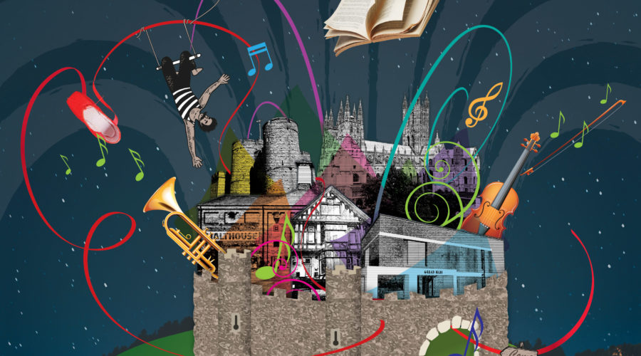 Canterbury Festival cover image, collage featuring instruments, cathedral, acrobats and colour